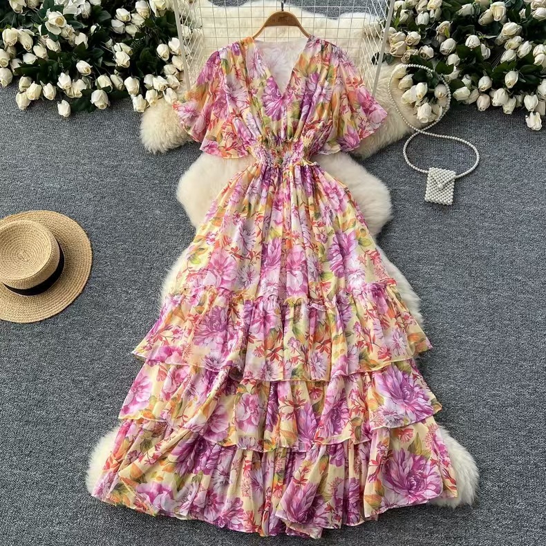 French retro gentle wind pressure pleated floral dress, summer new cross-border high waist slimming chiffon long skirt