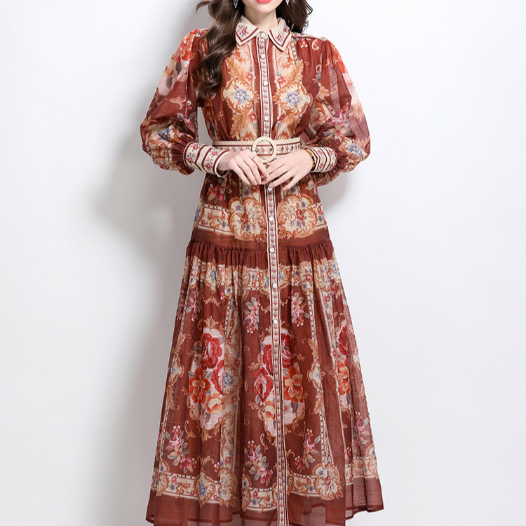 European and American retro and western-style palace printed lapel lantern sleeves cinched waist single breasted dress for women, slim and elegant long skirt