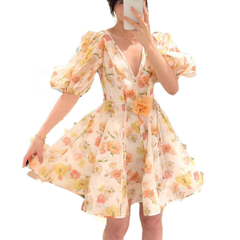 Design sense: light luxury V-neck printed bubble sleeve dress for women's summer, new lace up waist cinching, slimming and sweet short skirt