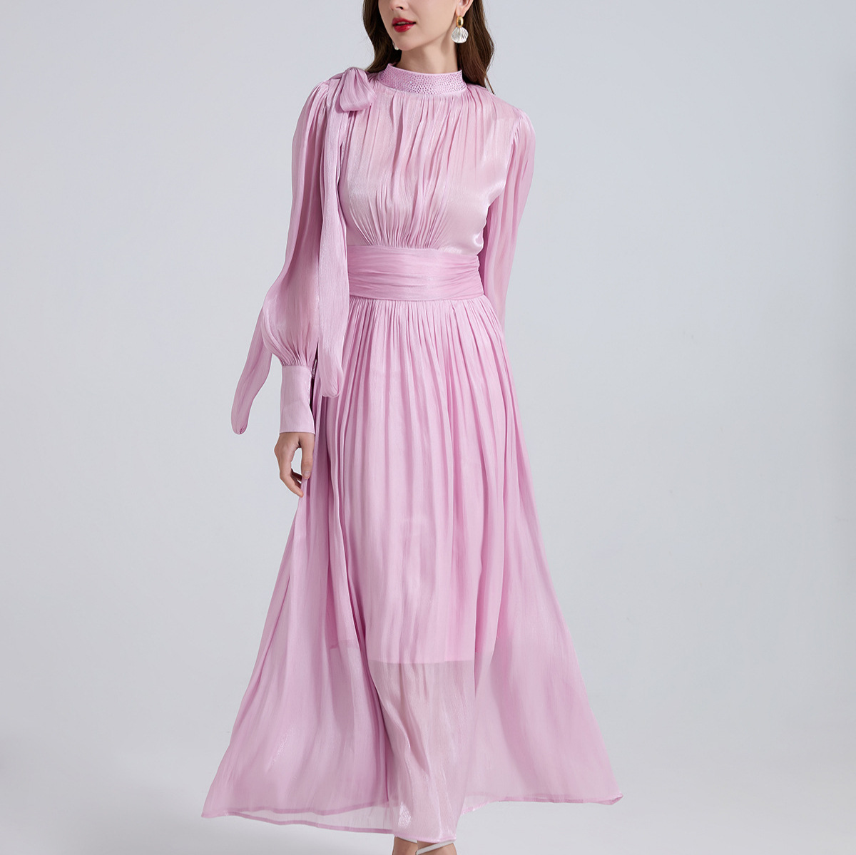 French style design butterfly bow lantern sleeves cinched waist flowing satin dress for women with high-end temperament elegant long skirt