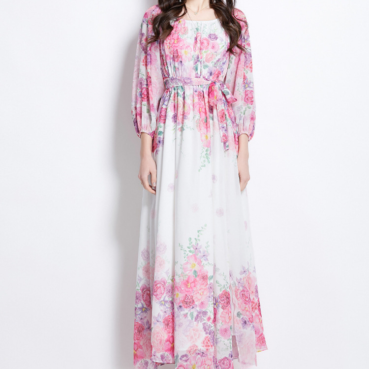 Spring vacation style dress 2025 new one shoulder strap waist cinched lantern sleeves printed chiffon long skirt for children