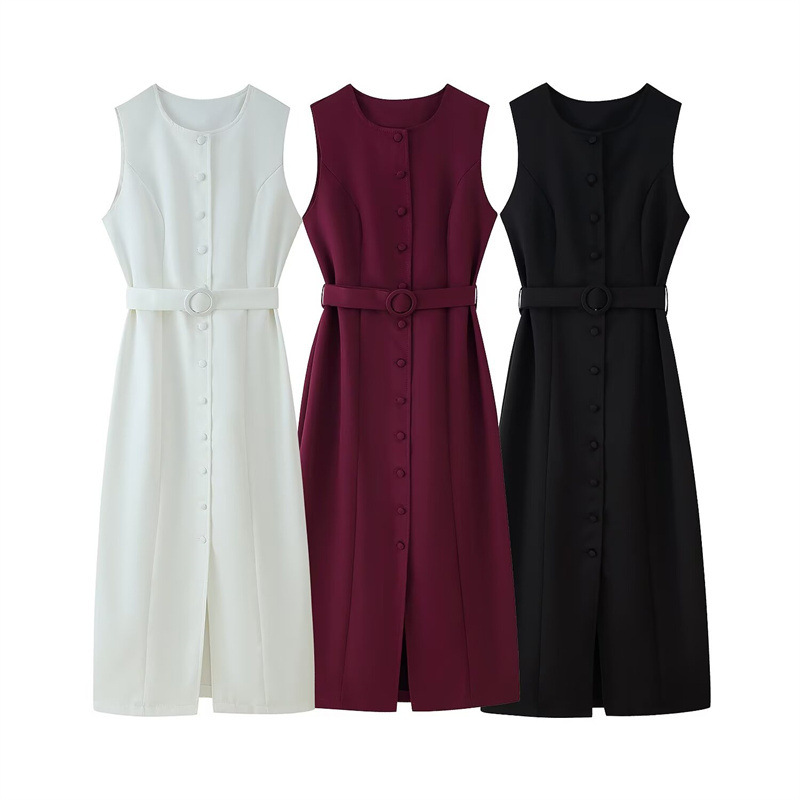 Foreign Trade 2025 Summer New Women's Clothing European and American Style Round Neck Single breasted Waist Belt Decoration Sleeve free Long Tailored Dress