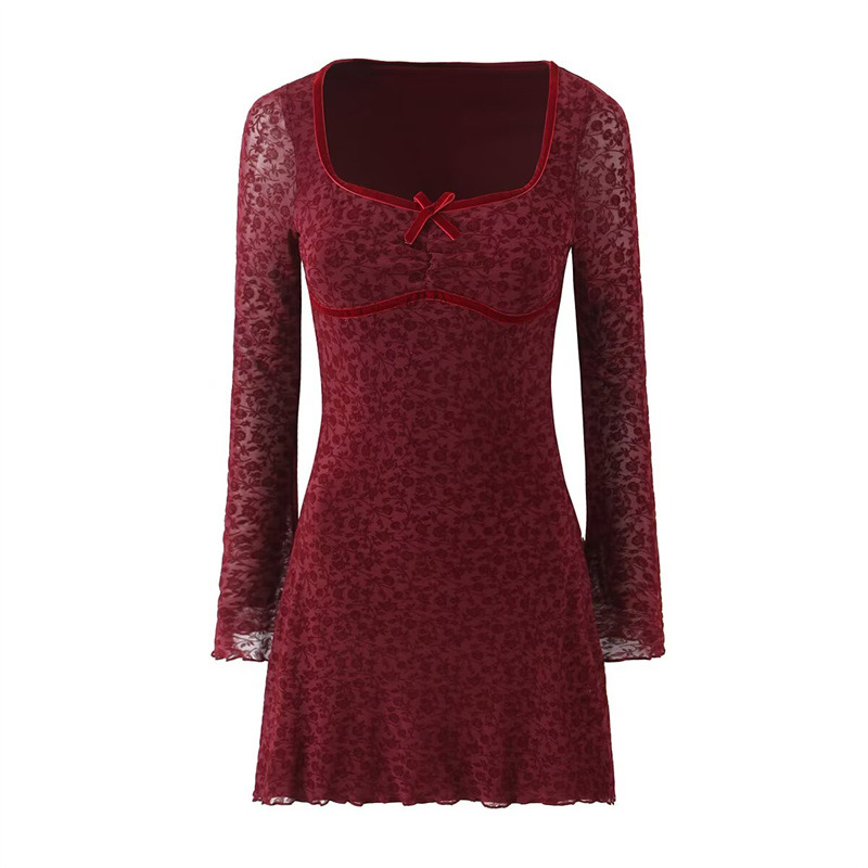 Foreign Trade 2025 Summer New European and American Style Women's Fashion Sexy Spicy Girl Bow Decoration Long Sleeve Hip Wrapping Dress