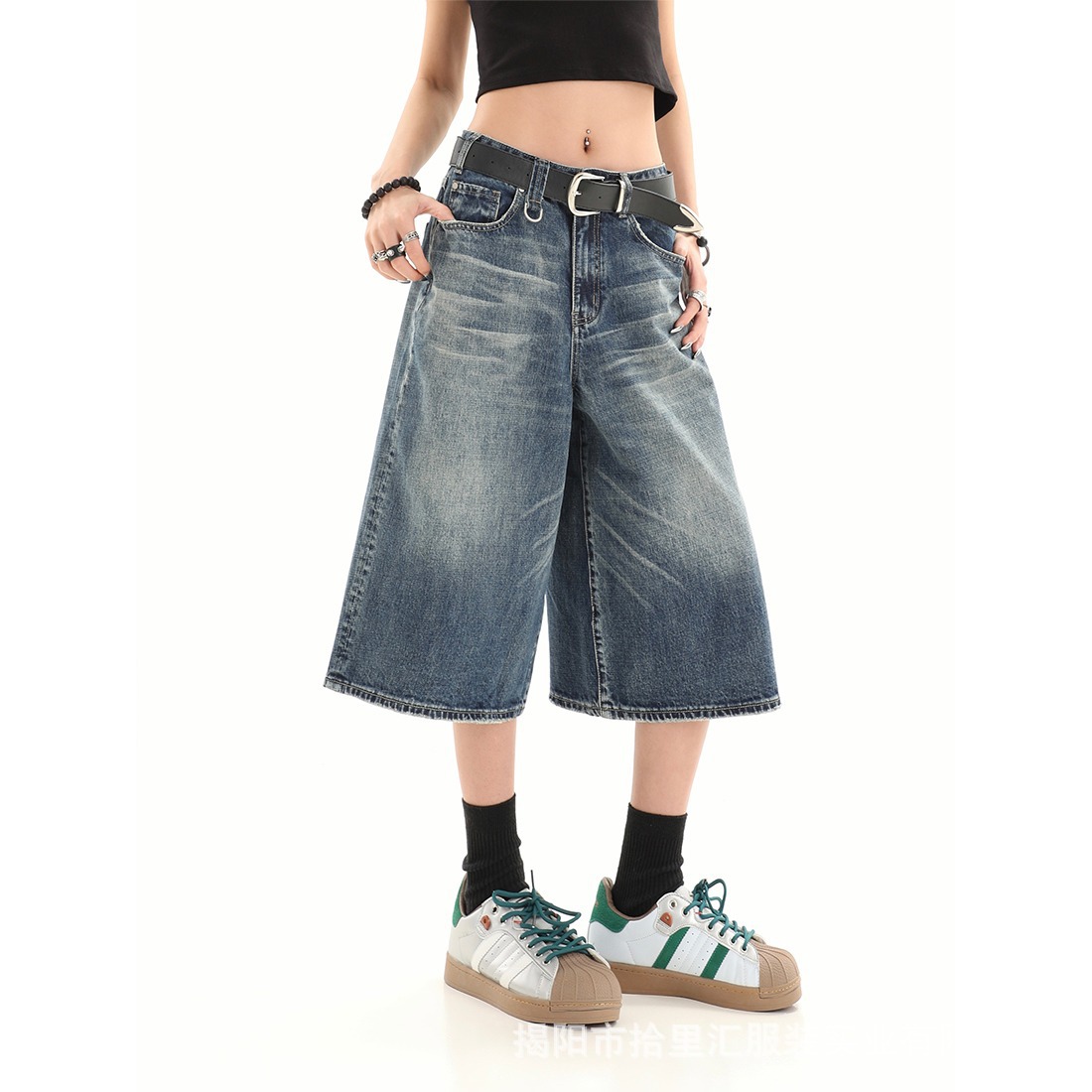 Summer American retro loose small guy vintage seven quarter denim women's high street design sense wide leg seven quarter pants summer cross