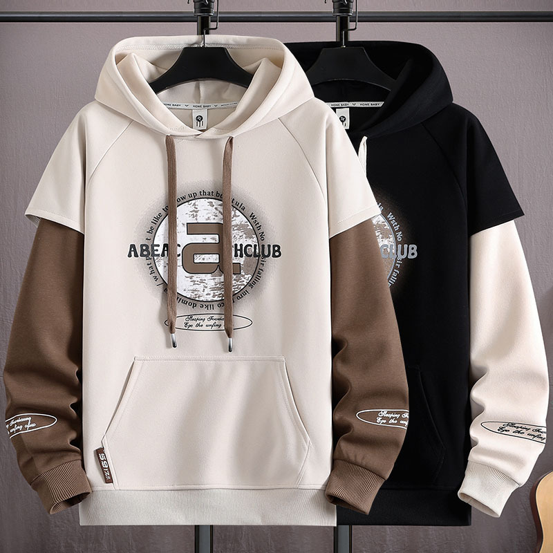 2024 New Trendy Hoodie Men's Spring and Autumn Trendy Brand Fake Two Piece Splicing Coat Loose Casual Top
