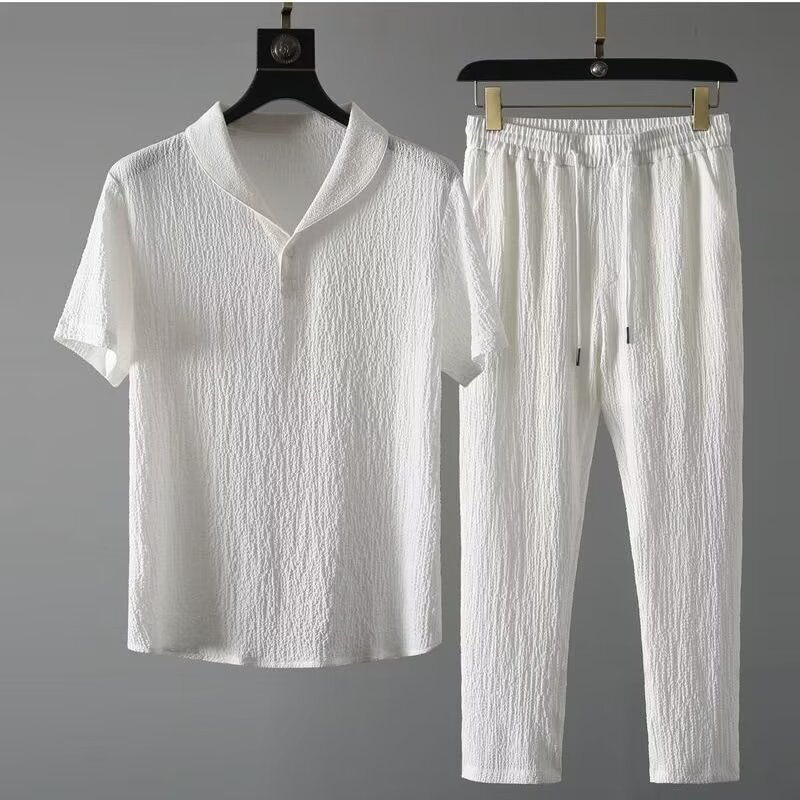 Summer ultra-thin five quarter sleeve ice silk linen set men's cotton linen two-piece set large loose middle sleeve T-shirt sportswear
