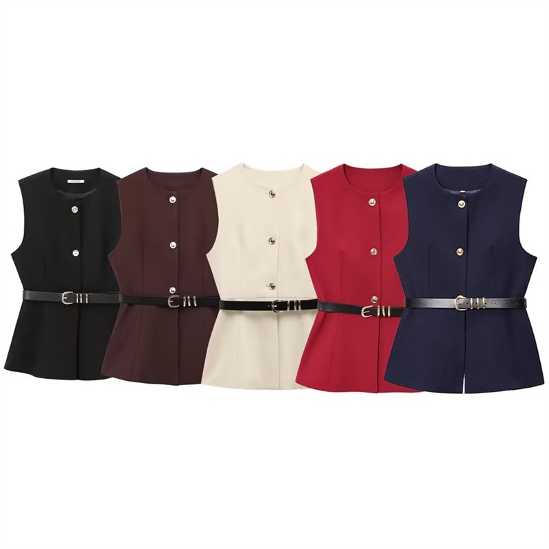 Foreign trade 2024 autumn new European and American style women's clothing fashion temperament sleeveless belt long hair vest 9300525