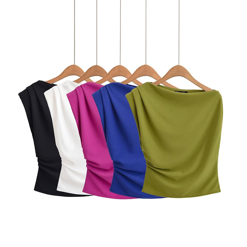 Foreign Trade 2025 Summer New European and American Style Women's Fashion Casual Versatile Knitted Slant Shoulder Collar Folded Design Top