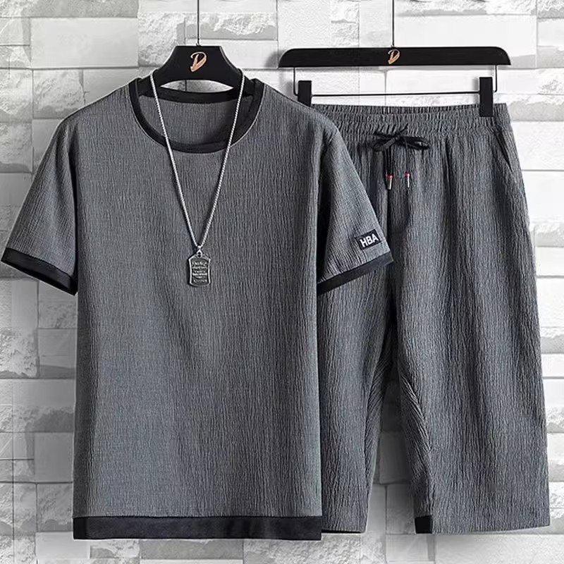 Summer casual sports suit men's ice silk short sleeved T-shirt shorts set, men's fashion two-piece outfit