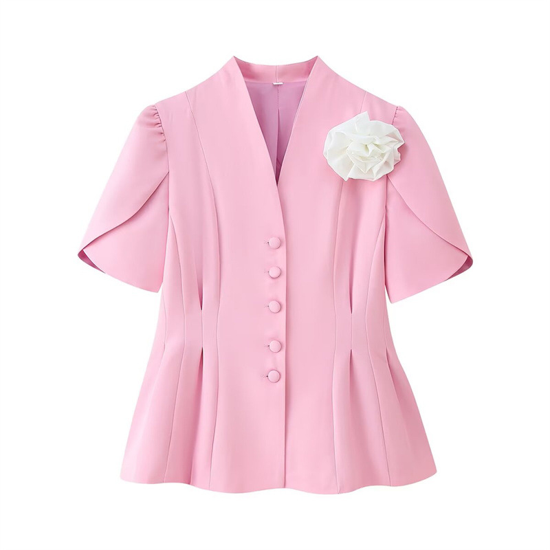 Foreign trade 2025 summer new European and American style women's fashion temperament handmade flower waist cinched short sleeved buckle decoration suit top