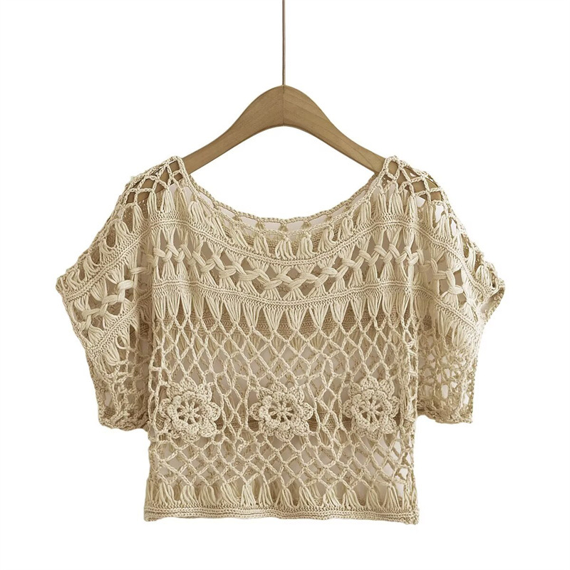 Foreign Trade 2025 Summer New European and American Style Women's Fashion Sexy Spicy Girl Round Neck Versatile Loose Crochet Top