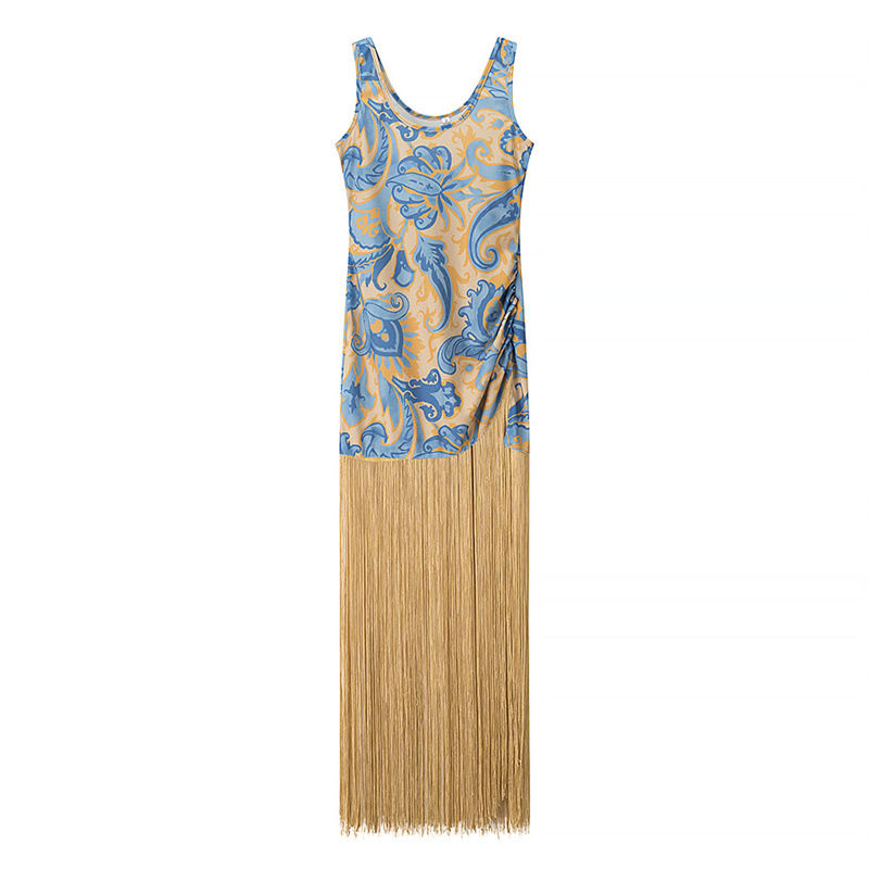 Foreign trade 2025 summer new European and American style women's clothing fashionable and sexy temperament sleeveless printed tassel patchwork dress