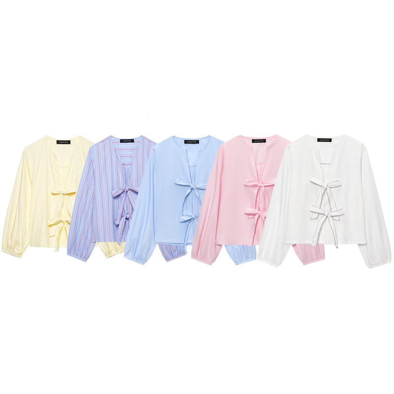 Foreign Trade 2025 Spring/Summer New European and American Style Women's Fashion Casual Bow Decoration Striped Round Neck Shirt 0387058