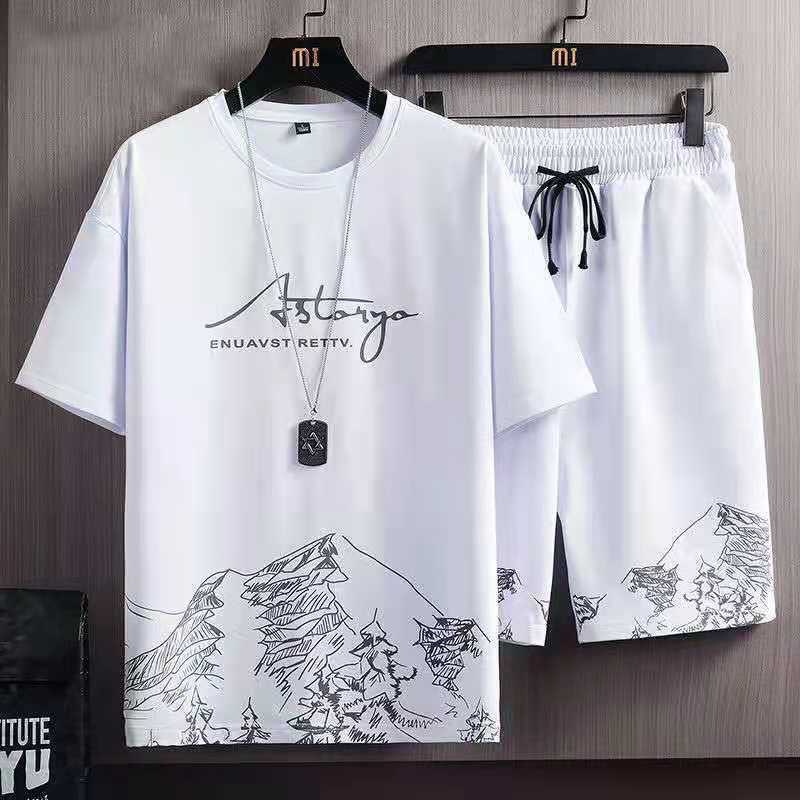 Summer men's fashion new trendy brand ice silk set ins casual summer versatile youth men's loose T-shirt
