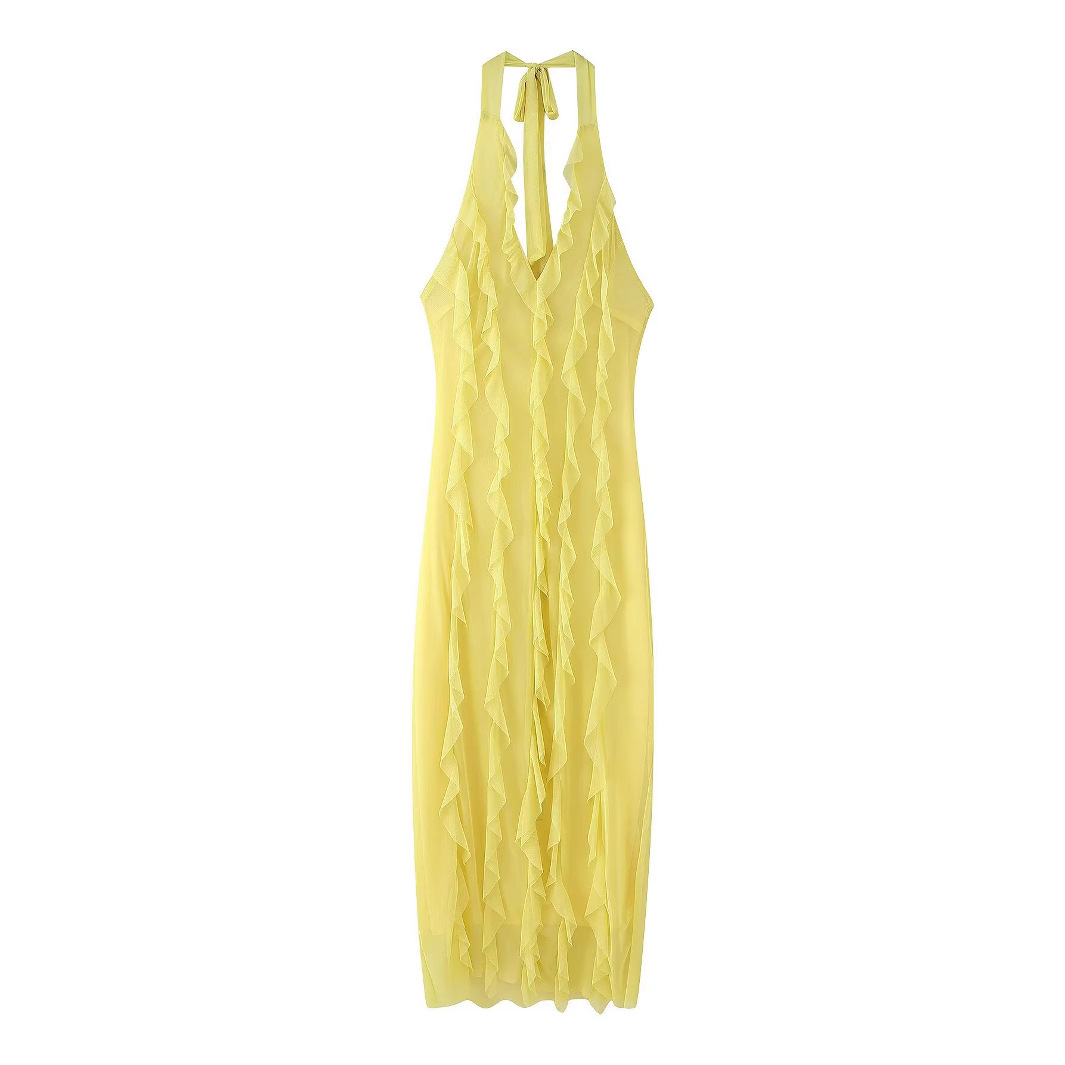 Foreign Trade 2025 Summer New Women's Clothing European and American Style Solid Color Hanging Neck V-neck Sleeveless Backless Ruffle Edge Dress
