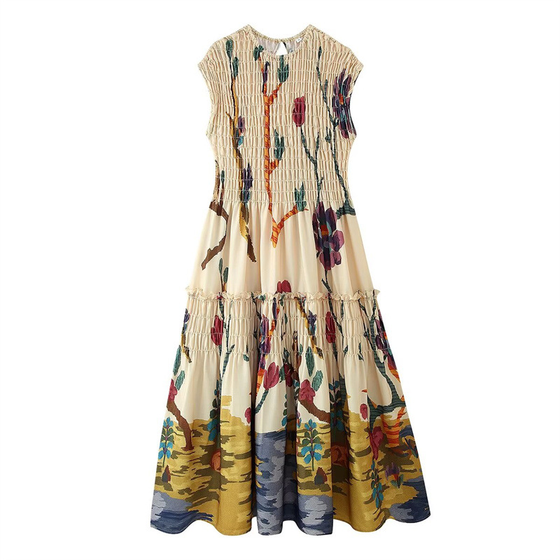 Foreign Trade 2025 Summer New European and American Style Women's Fashion Casual Trendy Sleeveless Loose Fold Printed Dress