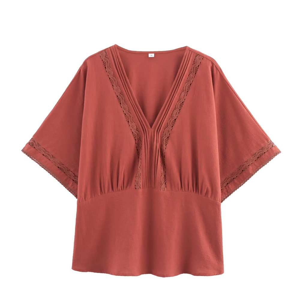 Foreign Trade 2025 Summer New Women's Clothing European and American Style Straight Strip Lace Decoration Linen Mixed Pattern Shirt Top