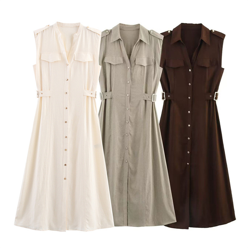 Foreign Trade 2025 Spring/Summer New European and American Style Women's Fashion Collar Sleeveless Waist Single breasted Dress 8741065