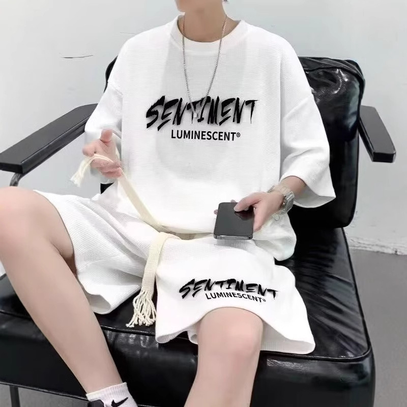 Waffle suit for boys, summer youth, casual sportswear, paired with handsome shorts, men's short sleeved two-piece set, trendy
