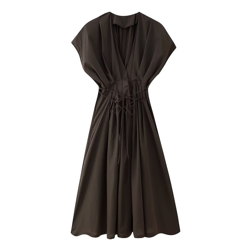 Foreign Trade 2025 Summer New European and American Style Women's Fashion Casual pleated V-neck Waist Hanging Shoulder Long Dress