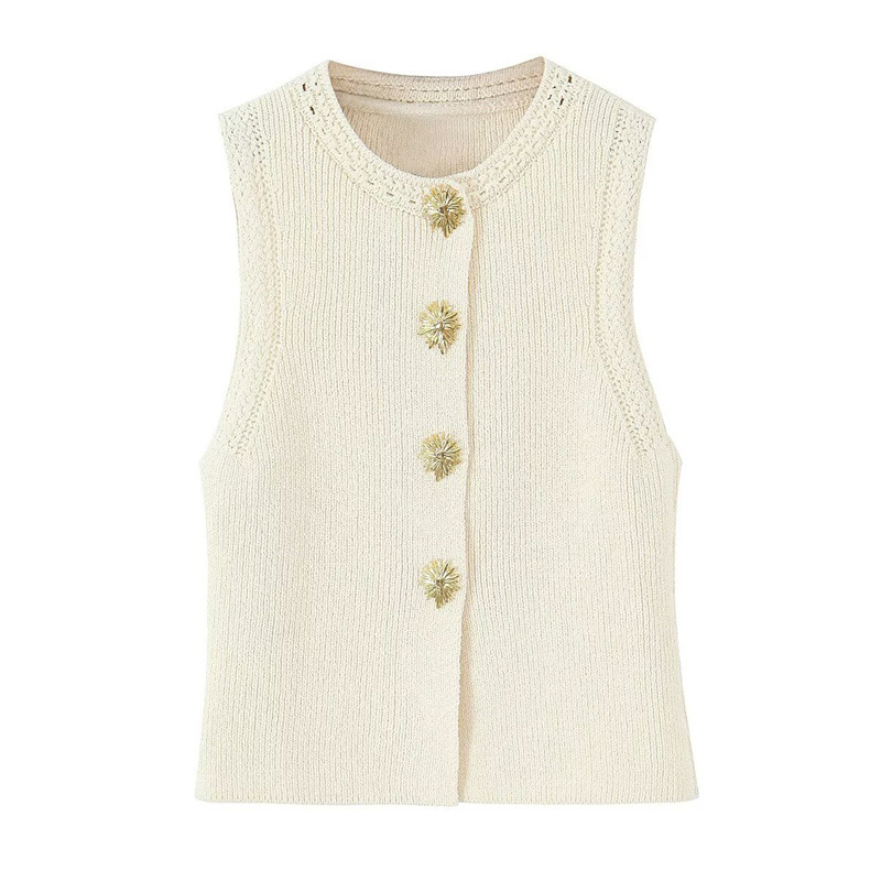 Foreign Trade 2025 Summer New European and American Style Women's Fashion Casual Sleeveless Round Neck Single breasted Knitted Sweater 6771068