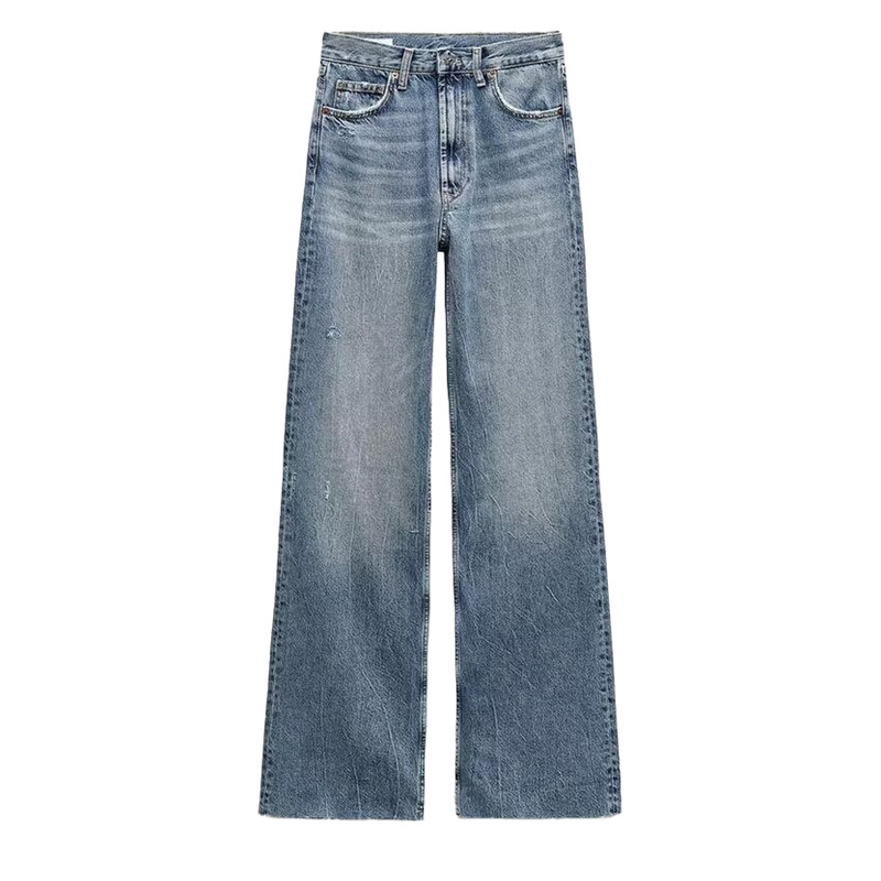 Foreign Trade 2025 Spring New Product European and American Style Commuter Women's Casual Wide Leg Middle Waist Long Jeans 2569220