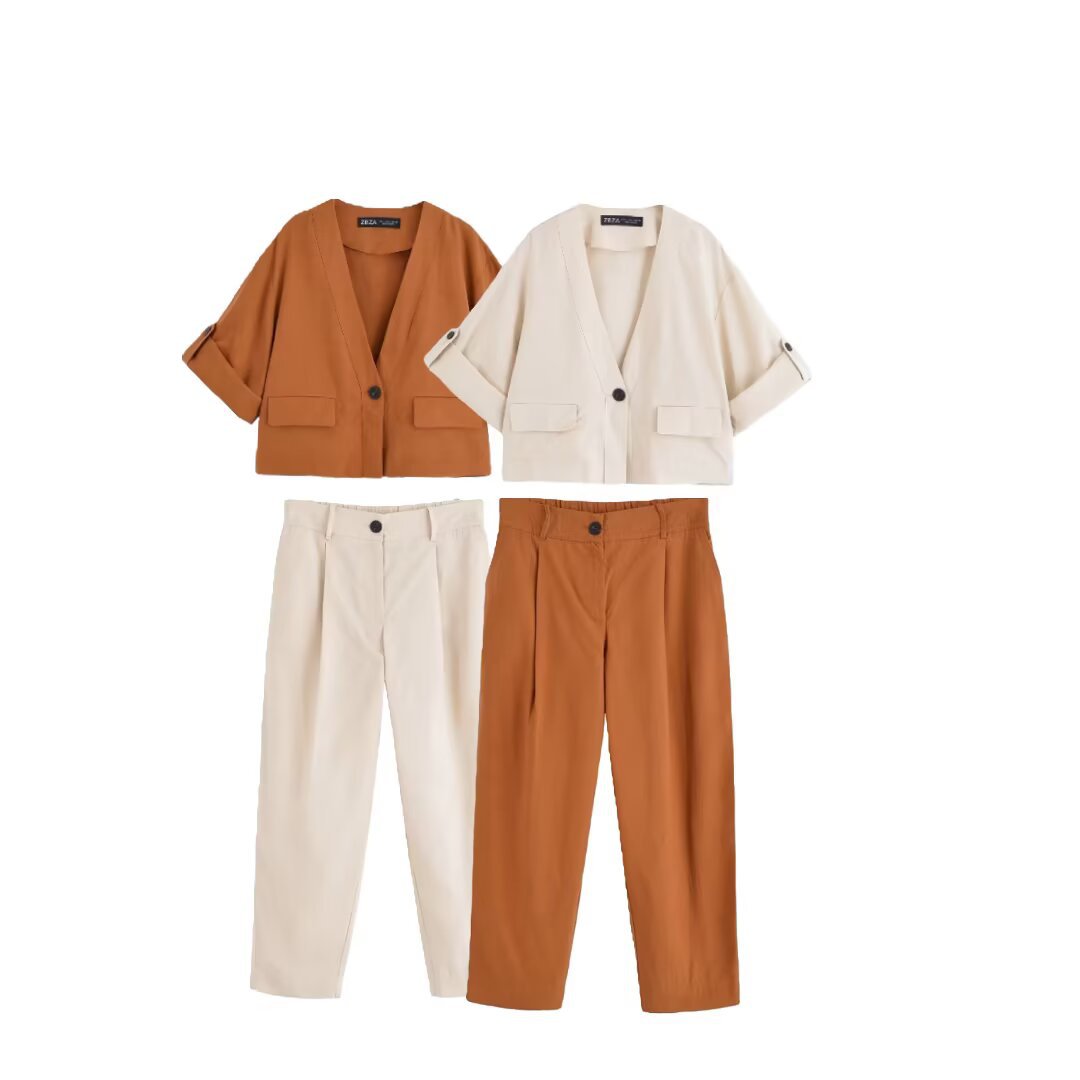 Wholesale women's clothing autumn 2025 new short sleeved V-neck jacket 8372234+high waisted casual pants 8372134