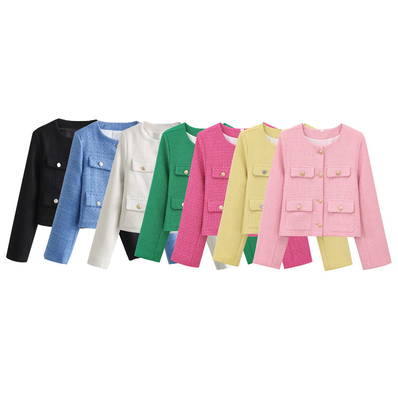 Foreign Trade 2024 Autumn New Texture Shoulder Pads Round Neck Long Sleeve Small Fragrant Casual Coat Top 1202416