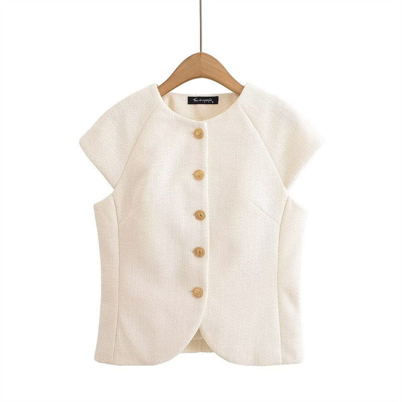 Foreign Trade 2025 Summer New European and American Style Women's Fashion Casual Round Neck Versatile Vest Front Buckle Top