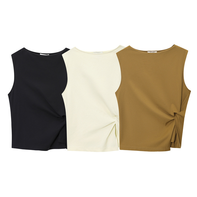 New European and American style women's fashionable casual round neck sleeveless pleated texture vest for foreign trade 2025 summer 1272830
