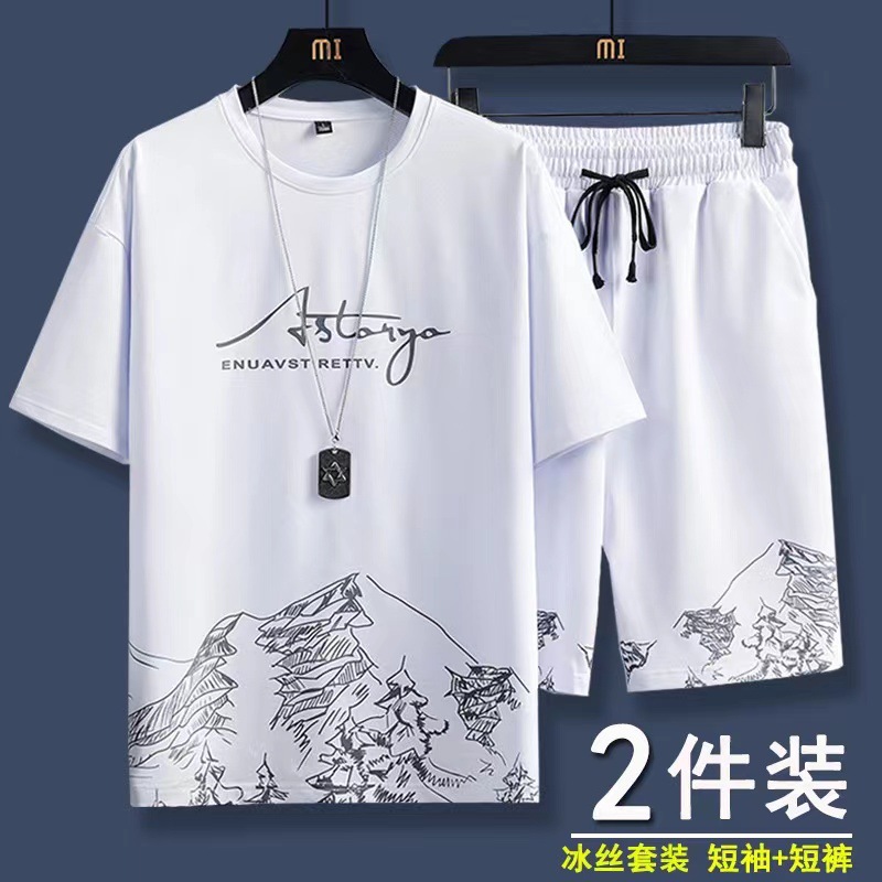 Ice silk short sleeved T-shirt for men in summer, thin, cool, quick drying, loose, trendy, casual and fashionable sports shorts set