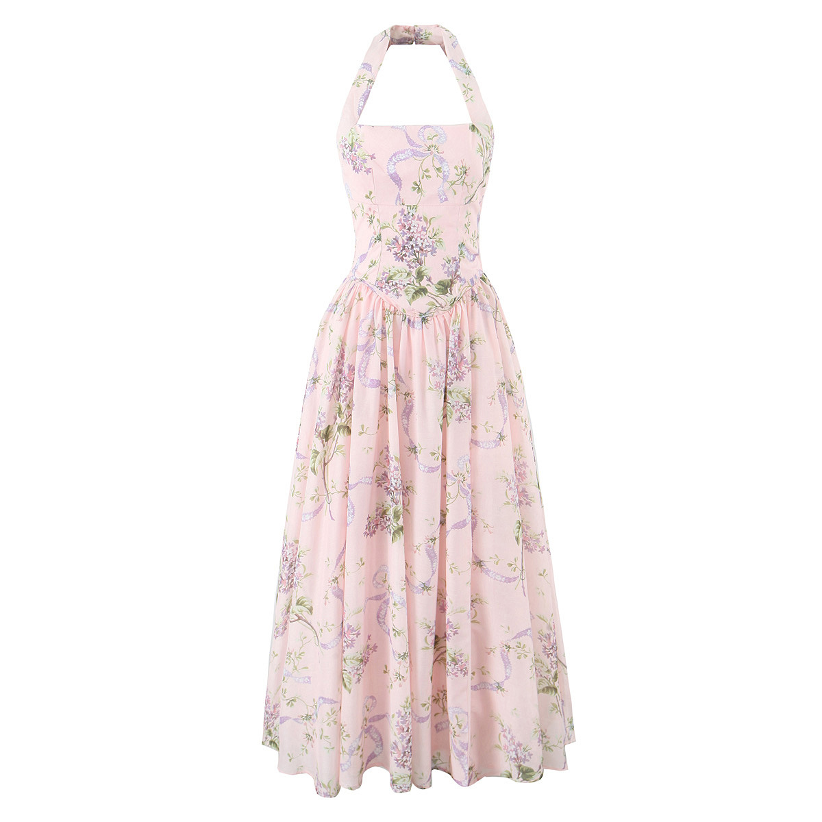 2025 summer new French style hanging neck square neck sexy slim fit medium long sweet printed sleeveless dress