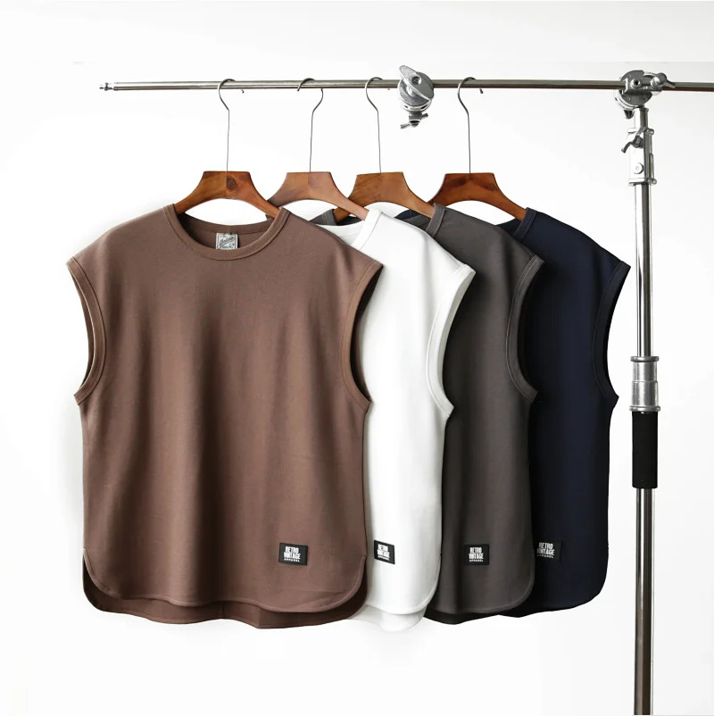 Cross border heavyweight pearl cotton vest men's summer sleeveless wide shoulder camisole T-shirt solid color T-shirt casual men's white