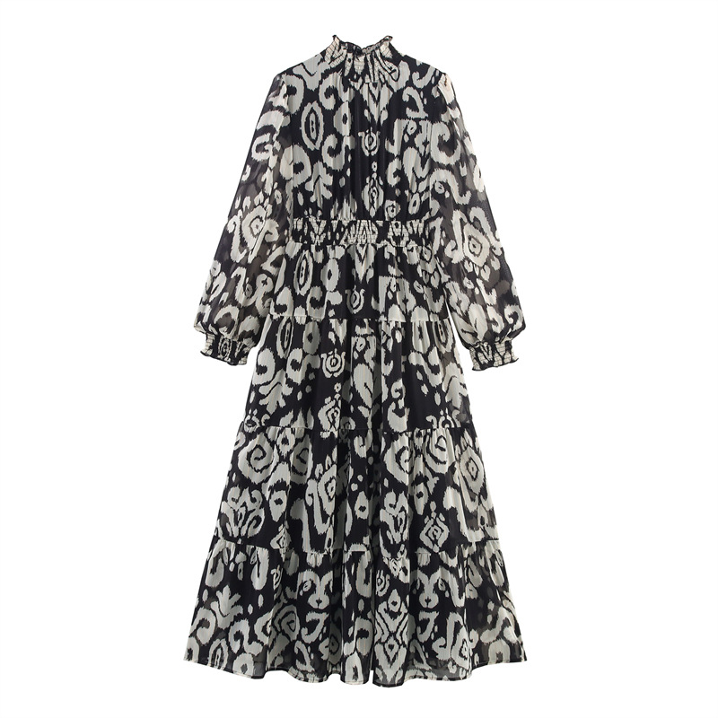 Foreign trade 2025 spring new women's clothing design sense niche and versatile, slim fit and slimming, casual printed waist cinching dress