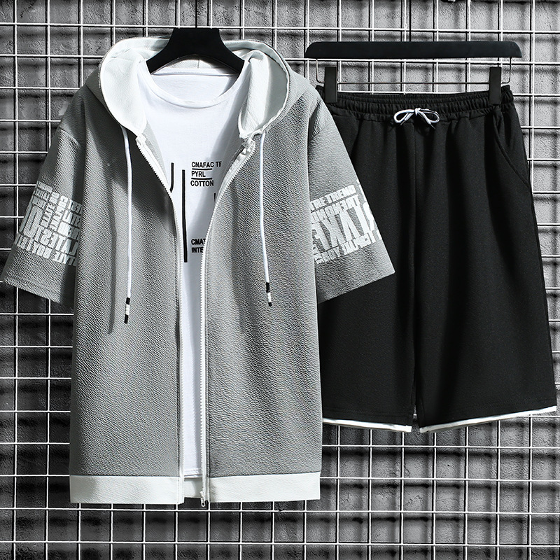 2024 summer new men's cardigan sweatshirt set, youth hooded casual Korean sportswear two-piece set