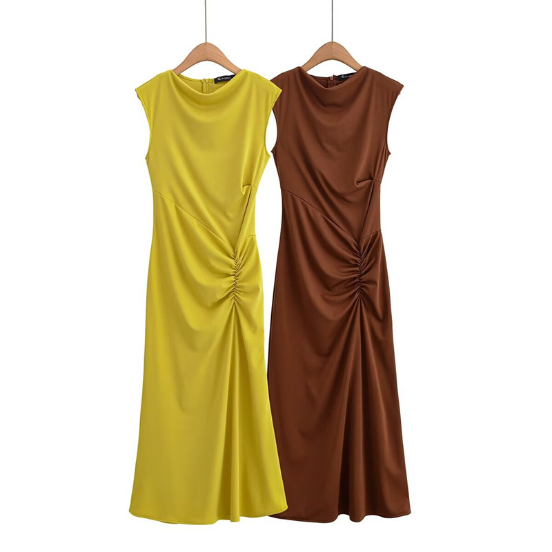 Foreign Trade 2025 Summer New European and American Style Women's Fashion Sexy Spicy Girl Two tone Knitted Wrinkle Long Dress