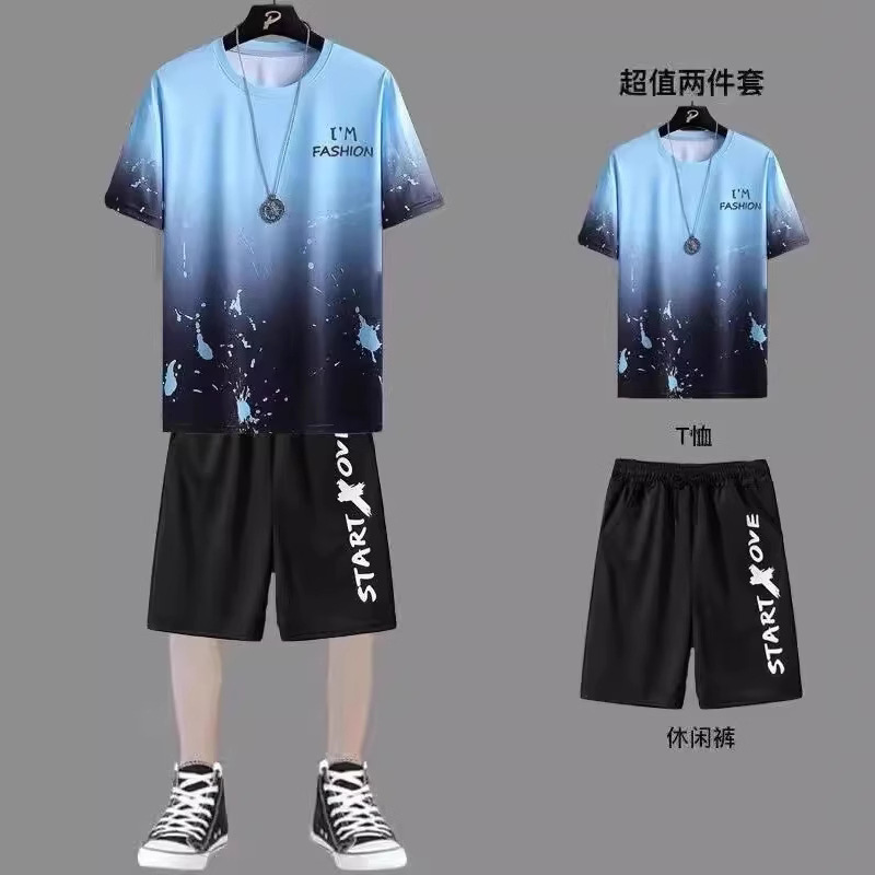 New Quick drying Ice Silk Gradient Set Men's Short sleeved T-shirt Summer Casual Shorts Sports Two piece Set Handsome Men's Wear