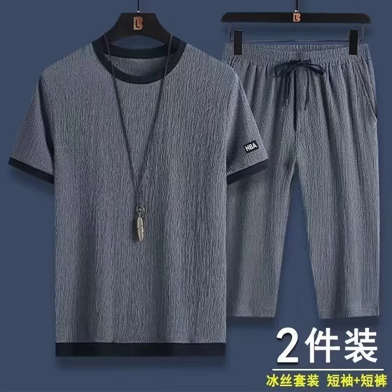 Yidian Manufacturer Ice Silk Short sleeved T-shirt for Men 2024 Summer Thin Korean Edition Ant Wrinkle Handsome Casual Sports Set