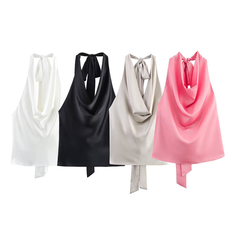 Foreign Trade 2025 Spring/Summer New Style European and American Women's Fashion Sexy Hanging Neck Collar Silk Texture Top 2892650