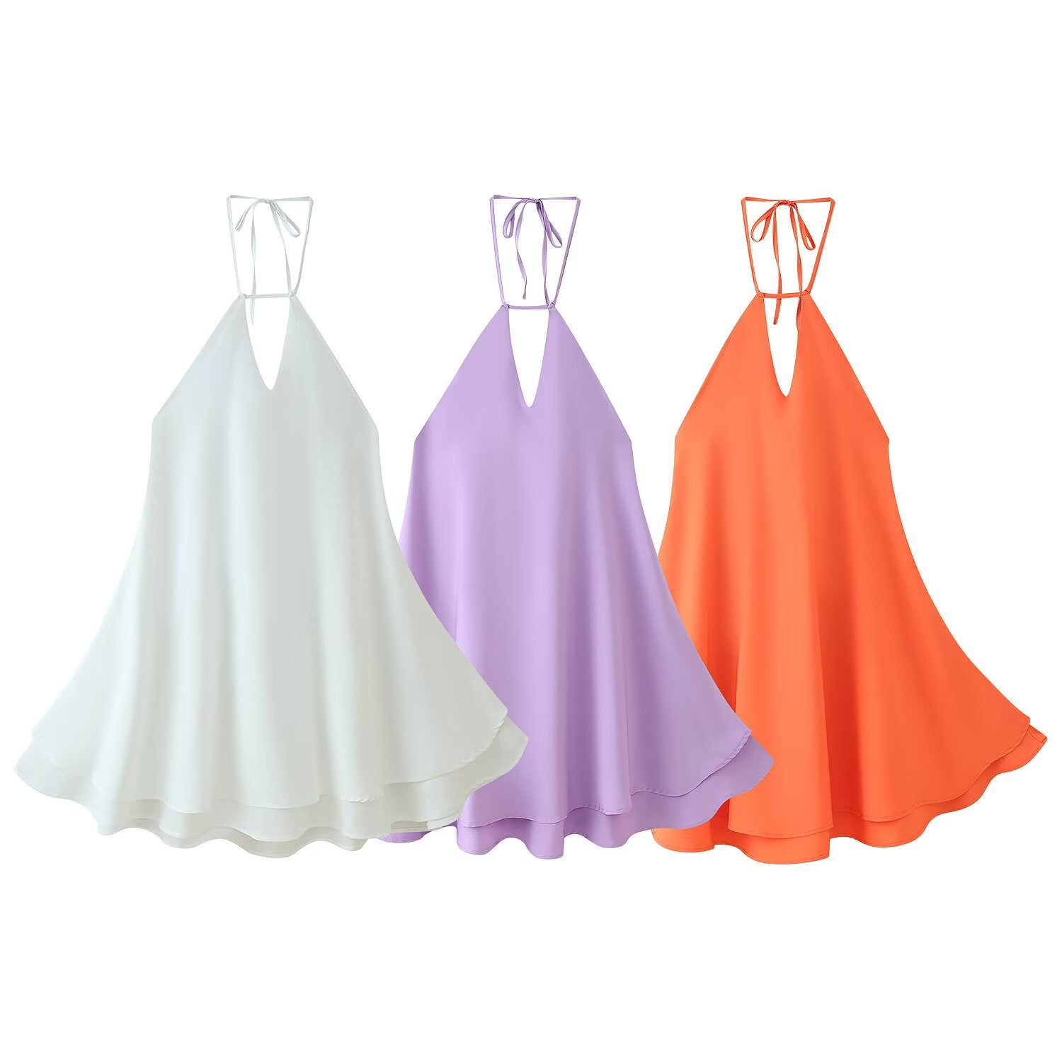 Foreign Trade 2025 Summer New Women's Solid Color Hanging Neck V-neck Sleeveless Bareback Bow Decoration Short Dress