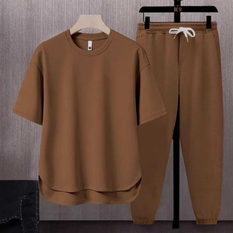 Foreign trade one set matching set solid color men's T-shirt 2025 summer Japanese trend ins short sleeved pants two-piece set
