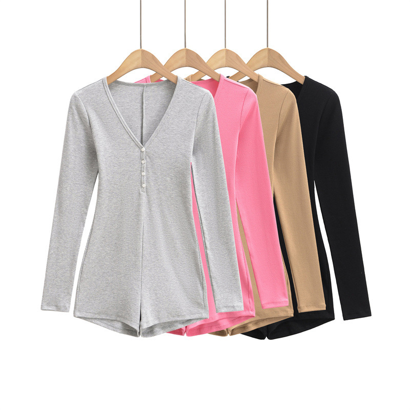 2025 spring new sexy slim fit V-neck long sleeved jumpsuit top for women, elastic thread connected T-shirt base, trendy