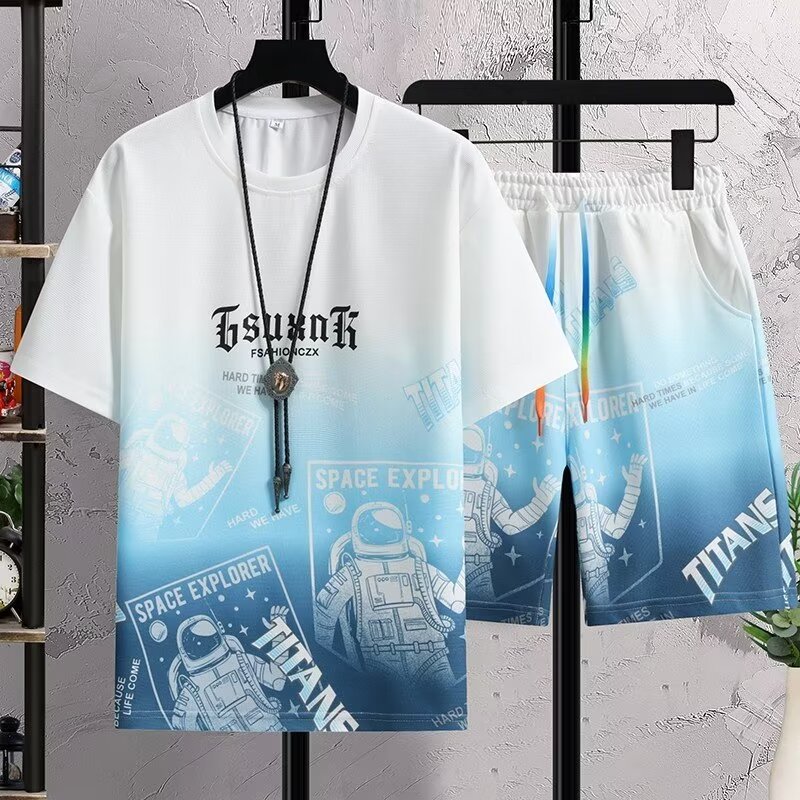 Shirt less clothing summer new men's gradient color trend casual youth sports fashion foreign trade shorts two-piece set