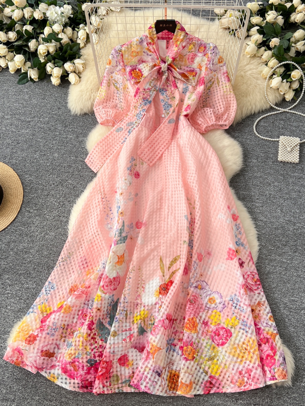 Palace style dress for women, European and American fashion, elegant bow tie tied with bubble sleeves, cinched waist, large swing, long printed skirt