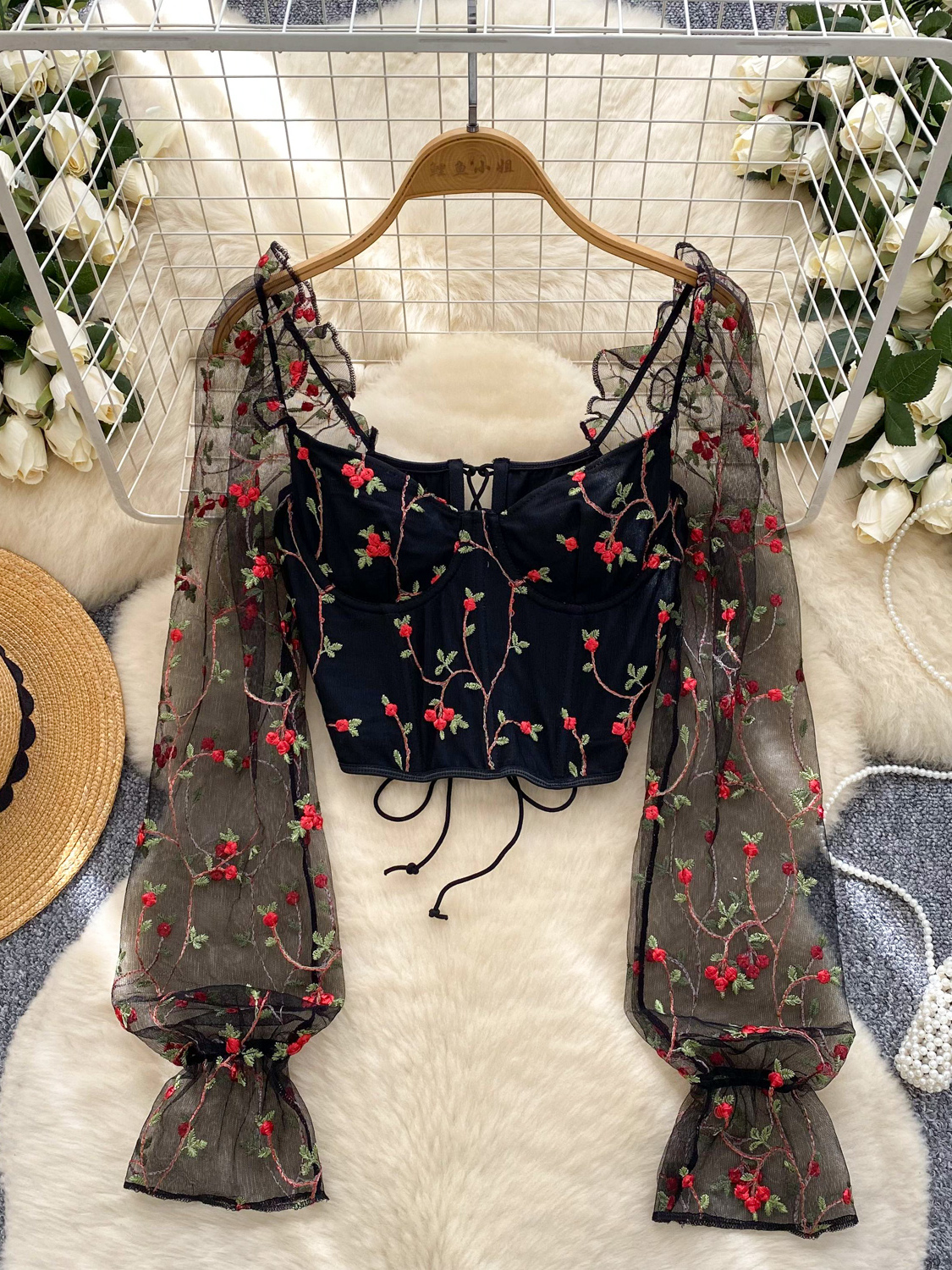French Sweet Heavy Industry Embroidered Square Neck Trumpet Sleeves Mesh Shirt Women's Pure Desire Spicy Girl Short Style Umbilical Strap Top