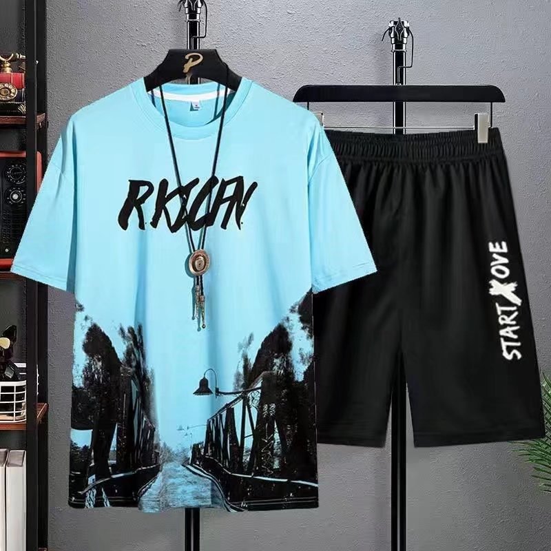Shirts, clothing, short sleeves, shorts set, Korean version, plus size, fashion trend, ink wash, Chinese style, personality, foreign trade source, top
