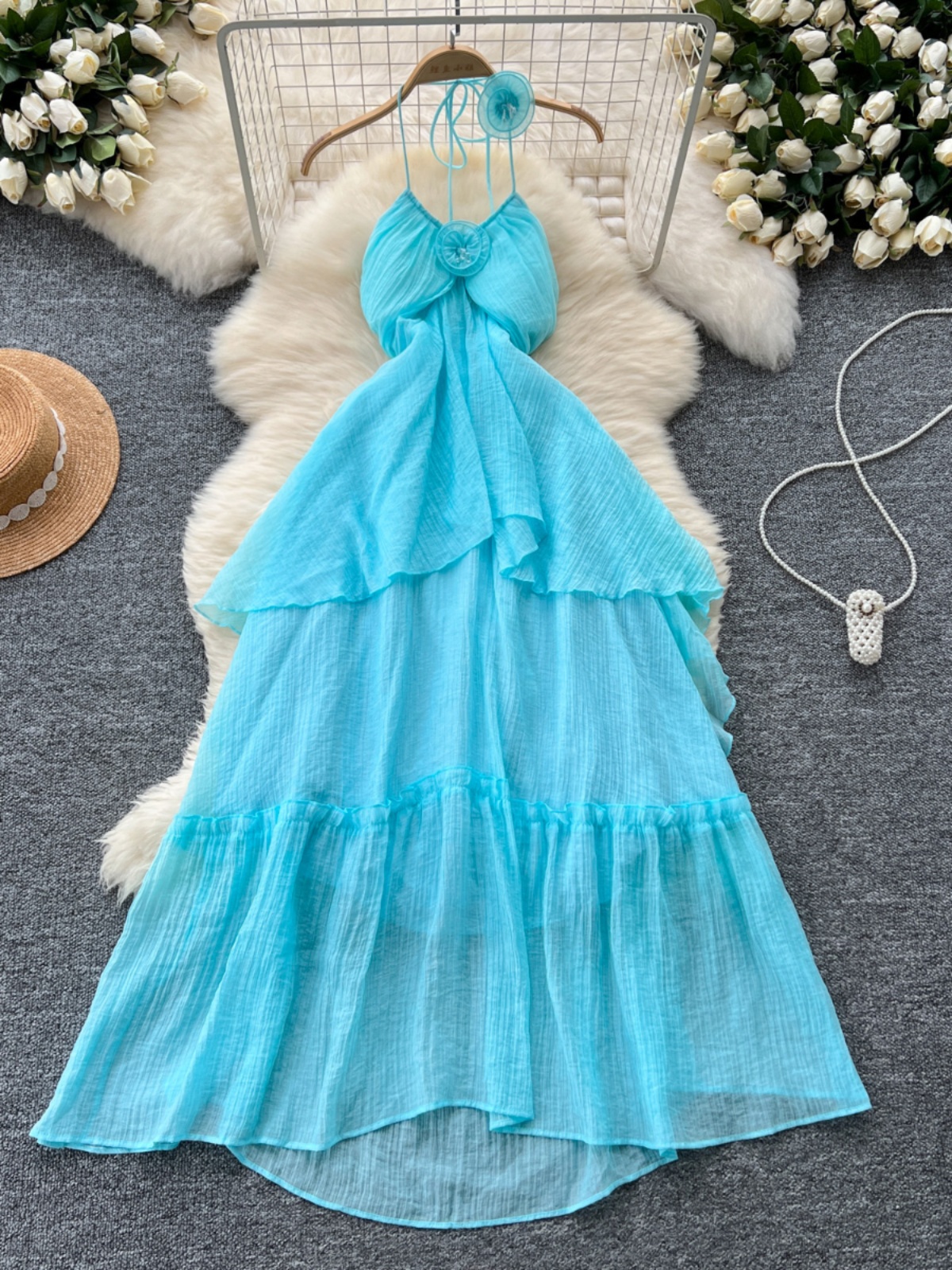 Atmosphere inspired vacation dress, women's pure desire, flower hanging neck suspender, high waist slimming, ruffled French super fairy long dress