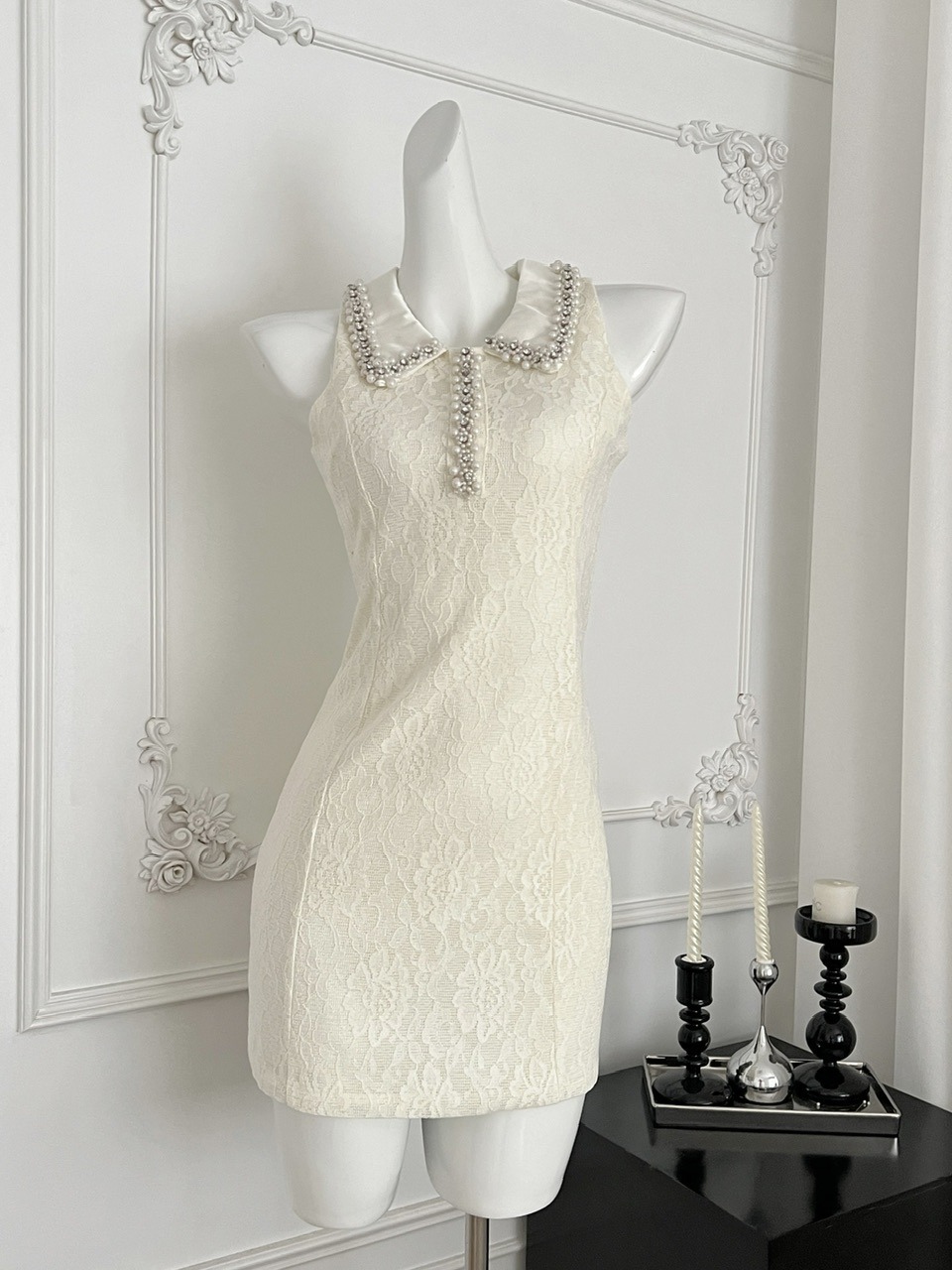 Xiaoxiangfeng, high-end, fashionable, heavy industry, diamond studded, nail bead hanging neck, sleeveless polo collar dress, women's slim lace dress