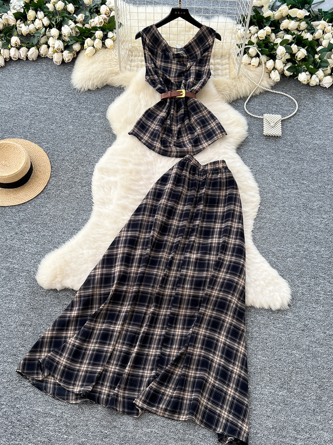 Retro British light mature imperial sister set women's summer plaid sleeveless top+high waist slimming half length skirt