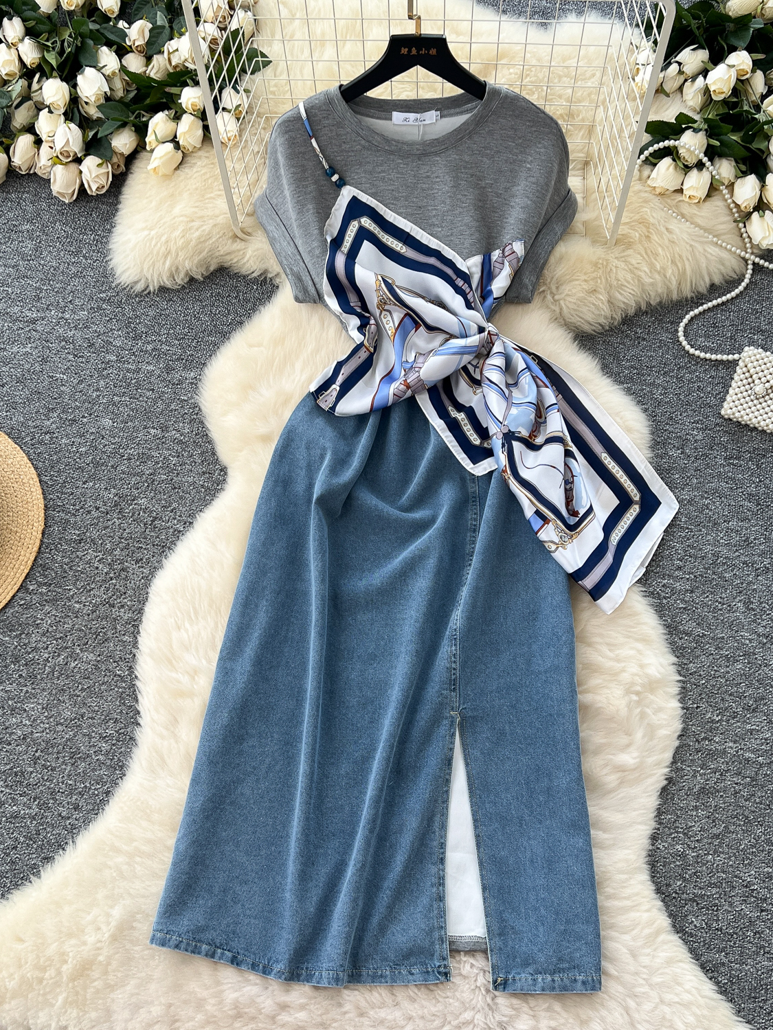 French style design, niche splicing strap, waist cinching short sleeved denim dress, women's slimming temperament, slit long skirt